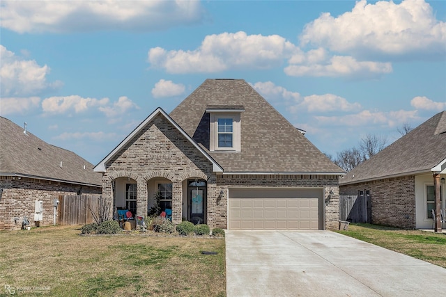 view of front of home with a front lawn, fence, roof with shingles, concrete driveway, and brick siding