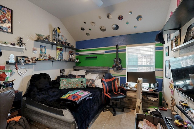 tiled bedroom with lofted ceiling