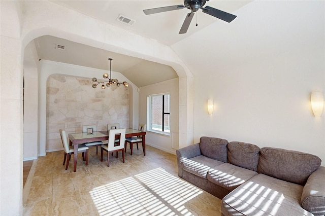 living room with lofted ceiling, visible vents, arched walkways, and ceiling fan with notable chandelier