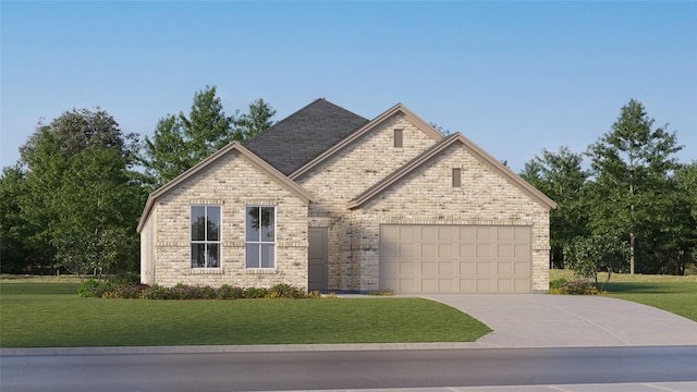 view of front facade with a garage, a front yard, concrete driveway, and brick siding