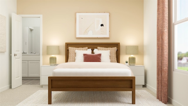 bedroom featuring baseboards, multiple windows, and light colored carpet