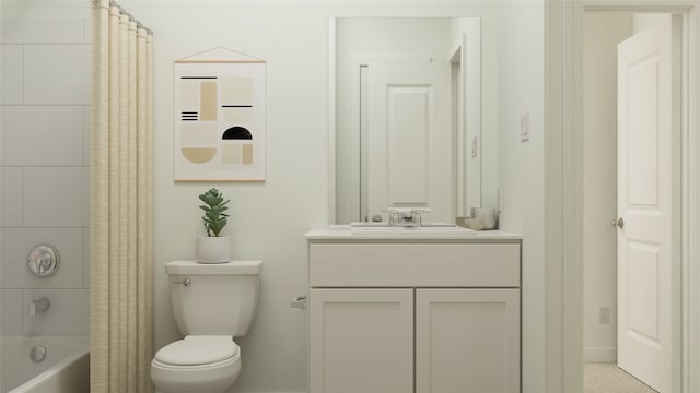 full bath with toilet, shower / bath combo with shower curtain, and vanity