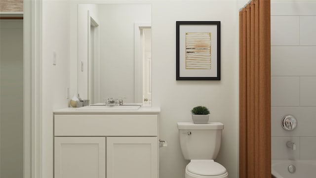 bathroom featuring vanity, toilet, and bathing tub / shower combination