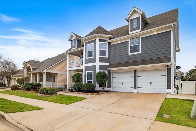 view of front of house with an attached garage, a balcony, fence, concrete driveway, and roof with shingles