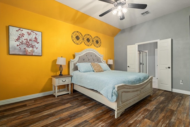 bedroom with lofted ceiling, baseboards, visible vents, and wood finished floors