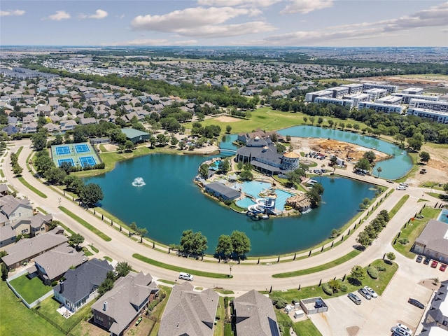 aerial view featuring a residential view and a water view