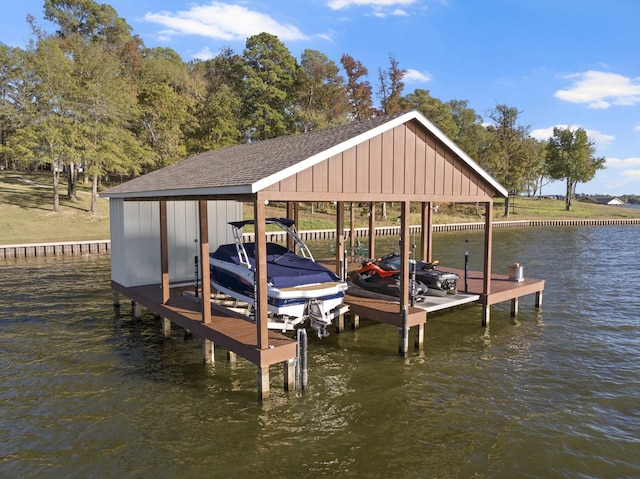 view of dock with a water view and boat lift