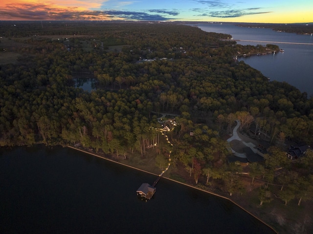 birds eye view of property with a water view and a wooded view