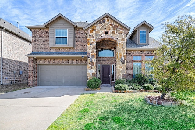 view of front of house featuring an attached garage, stone siding, concrete driveway, and brick siding