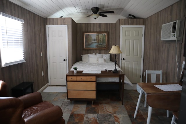 bedroom with wooden ceiling, wooden walls, and a wall mounted AC