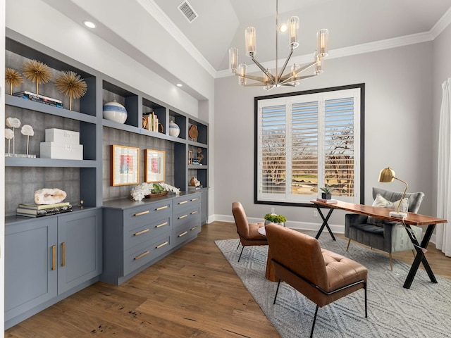 home office featuring visible vents, built in shelves, crown molding, a notable chandelier, and dark wood-style flooring