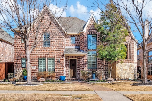 view of front facade with a shingled roof, fence, and brick siding