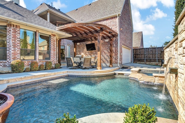 view of pool featuring a patio, fence, a pool with connected hot tub, and a pergola