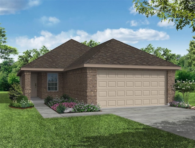 ranch-style house featuring an attached garage, brick siding, a shingled roof, concrete driveway, and a front yard