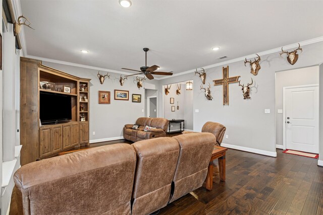 living area with recessed lighting, ceiling fan, dark wood finished floors, and crown molding