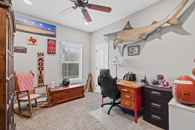 office space featuring carpet floors, a ceiling fan, and recessed lighting
