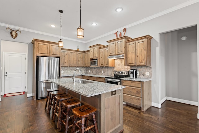 kitchen featuring decorative backsplash, light stone counters, stainless steel appliances, under cabinet range hood, and a sink