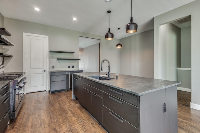 kitchen featuring high end stainless steel range oven, dark wood-style flooring, open shelves, and a sink