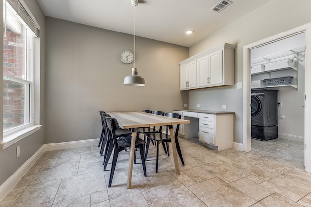 dining space with built in desk, recessed lighting, visible vents, and baseboards