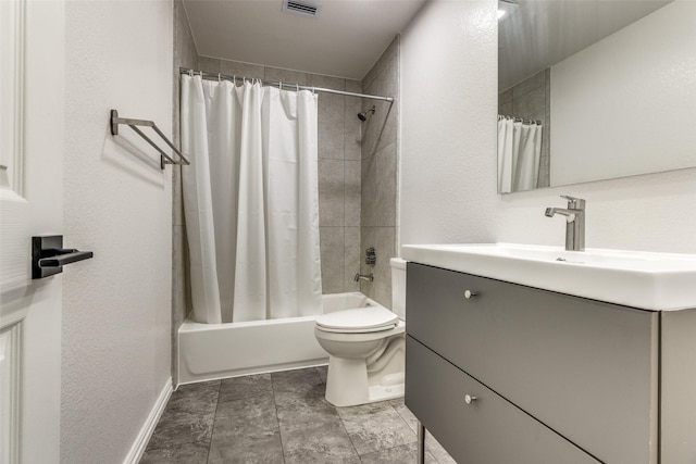 full bath featuring a textured wall, toilet, visible vents, vanity, and shower / bath combination with curtain