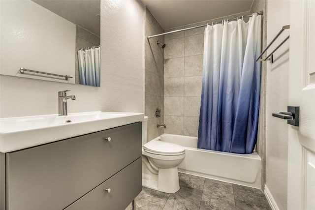 full bathroom with toilet, vanity, and shower / bathtub combination with curtain