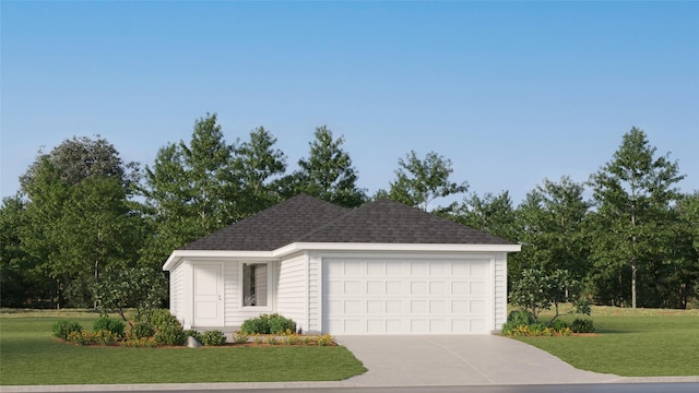 view of front of home with a garage, concrete driveway, roof with shingles, and a front yard