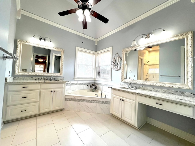 bathroom with a garden tub, a shower stall, ornamental molding, and a sink