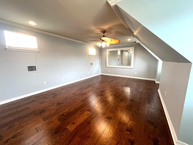 bonus room featuring baseboards, visible vents, a ceiling fan, dark wood-type flooring, and recessed lighting