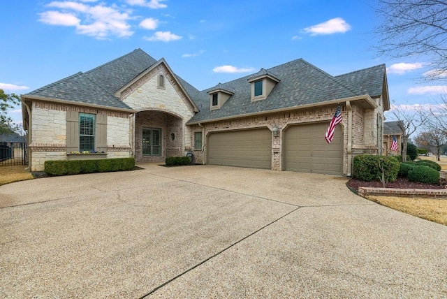 french country inspired facade featuring roof with shingles, brick siding, an attached garage, stone siding, and driveway