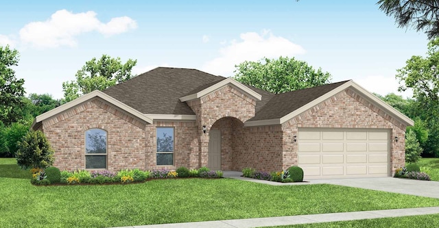 ranch-style house with roof with shingles, a front lawn, and brick siding