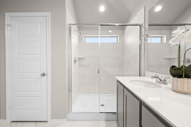 433 Falcon, Azle, TX 76020 - bathroom with recessed lighting, baseboards, vanity, and a stall shower