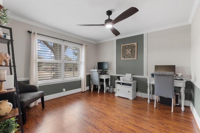 office space featuring baseboards, crown molding, a ceiling fan, and wood finished floors