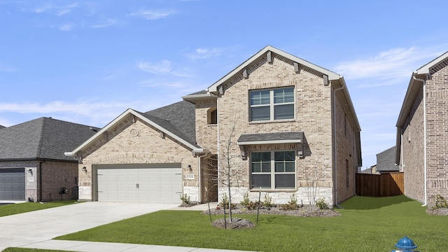 view of front of property featuring concrete driveway, a front lawn, brick siding, and an attached garage