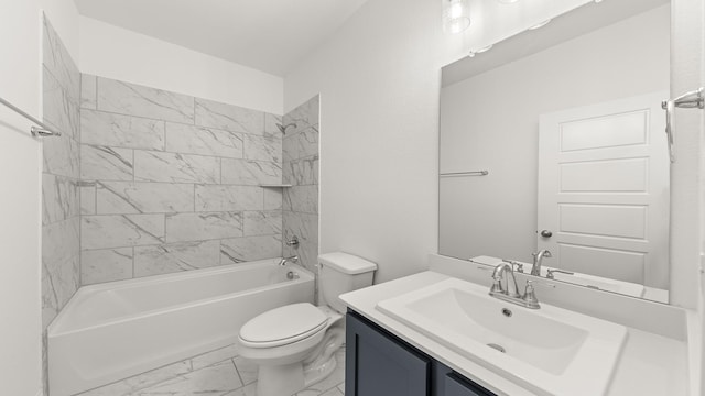 full bath with marble finish floor, toilet, shower / bathtub combination, and vanity