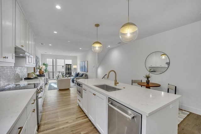 kitchen with light wood-style flooring, under cabinet range hood, stainless steel appliances, a sink, and decorative backsplash