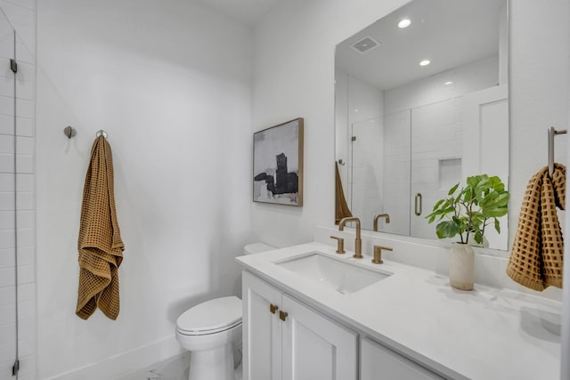 full bathroom with toilet, recessed lighting, vanity, visible vents, and a shower stall