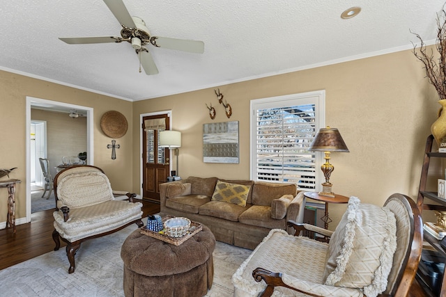 living area with ceiling fan, crown molding, a textured ceiling, and wood finished floors