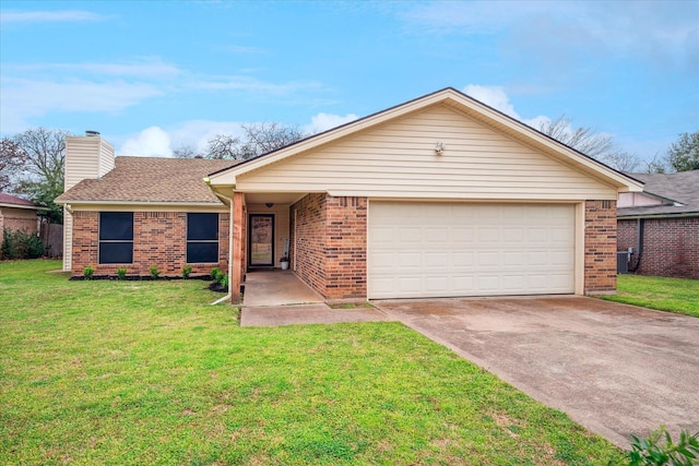 ranch-style house with a front yard, a chimney, concrete driveway, and brick siding