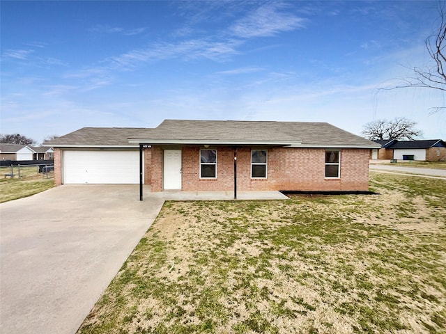 ranch-style house with a garage, driveway, and brick siding