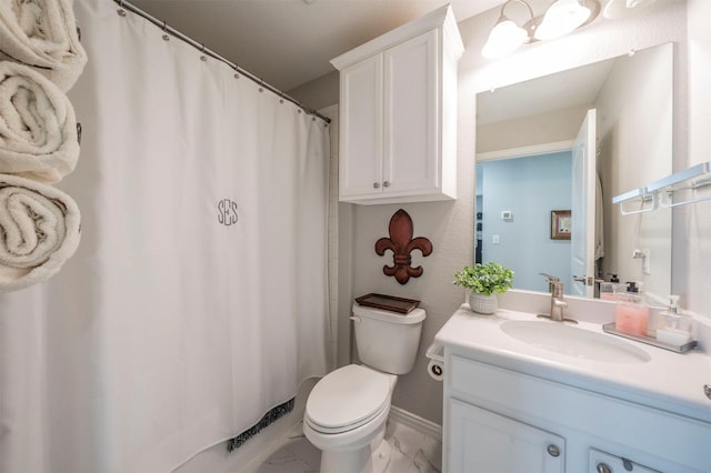 full bathroom with toilet, marble finish floor, curtained shower, baseboards, and vanity