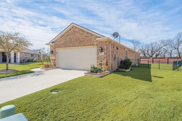 view of property exterior with driveway, fence, a yard, a garage, and brick siding