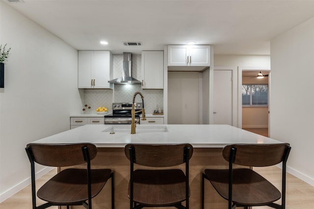 kitchen featuring light wood finished floors, stainless steel electric stove, decorative backsplash, a sink, and wall chimney exhaust hood