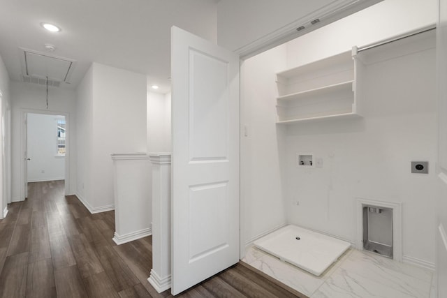 laundry room with baseboards, hookup for an electric dryer, laundry area, attic access, and washer hookup