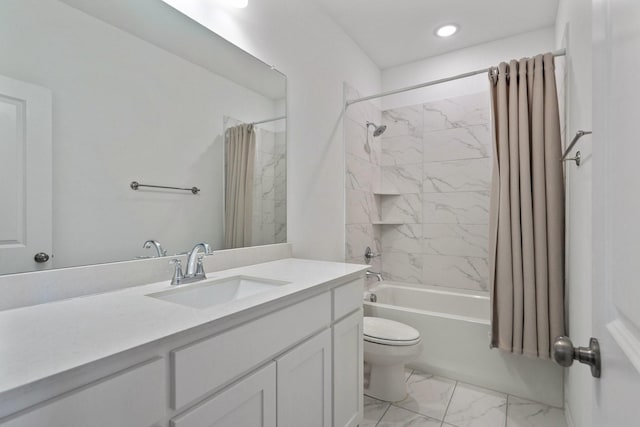 full bath featuring toilet, recessed lighting, marble finish floor, vanity, and shower / bathtub combination with curtain