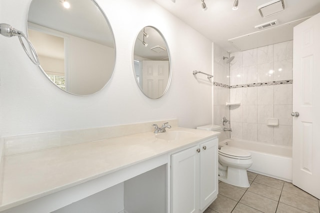 full bath featuring visible vents, toilet, tile patterned flooring, bathtub / shower combination, and vanity