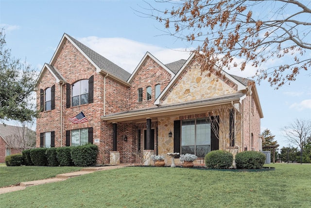 traditional home featuring a front lawn and brick siding