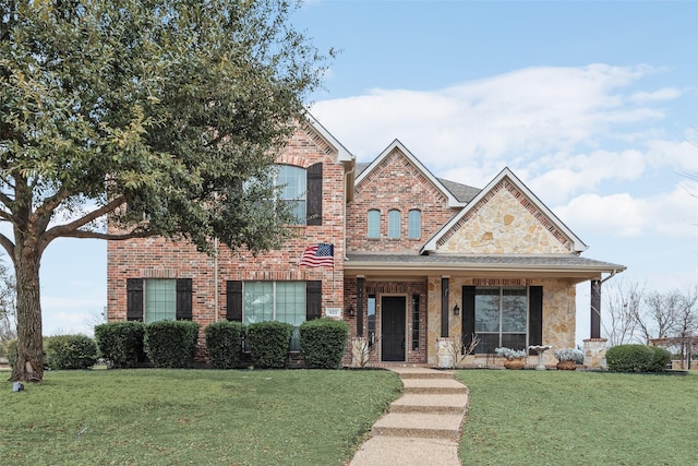 view of front of home with stone siding, a front yard, and brick siding