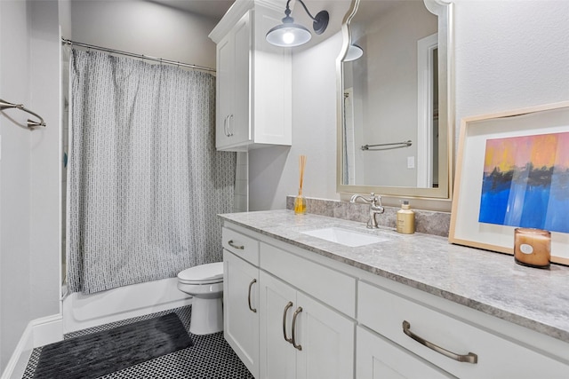 full bathroom with shower / bath combination with curtain, vanity, toilet, and tile patterned floors