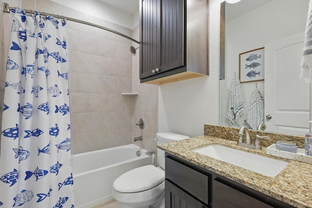 bathroom with toilet, shower / bath combo with shower curtain, and vanity