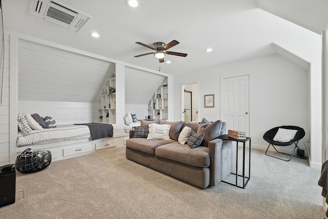 living room featuring visible vents, a ceiling fan, vaulted ceiling, carpet floors, and recessed lighting